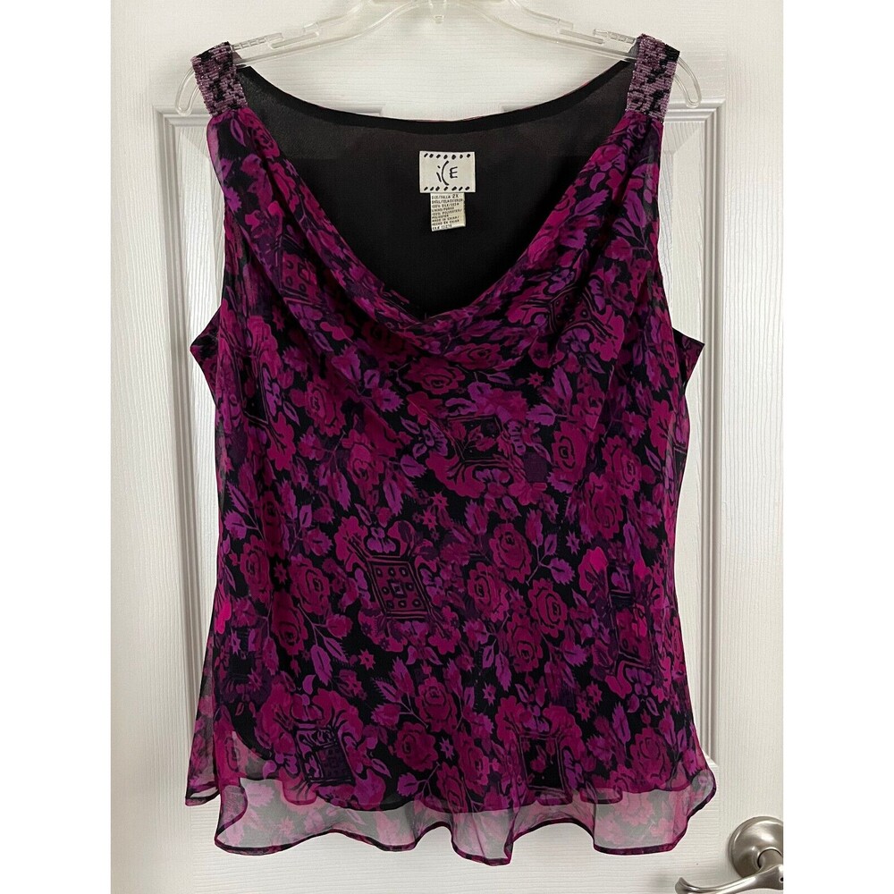ICE - Pinkish-Purple & Black Floral Sleeveless Beaded Lined Silk Blouse size 2X